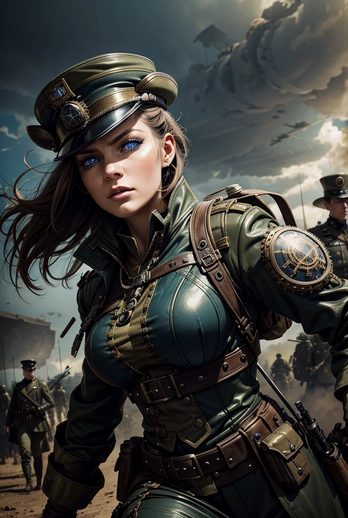 
a woman in a steampunk military uniform in a battlefield with some unusual and surreal soldiers nearby,dynamic, High Resolution, Accurate, Best Quality, High Details, Super Detailed, Blue eyes, Makeup, Surprised, From Side, 