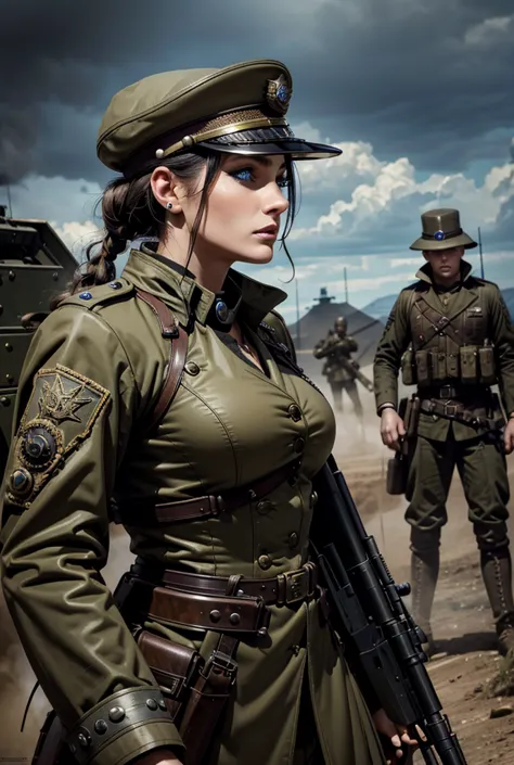 a woman in a steampunk military uniform in a battlefield with some unusual and surreal soldiers nearby,dynamic, high resolution,...