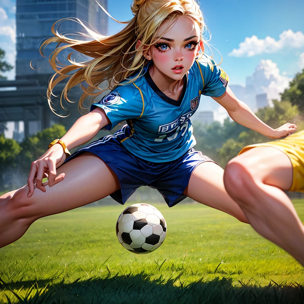 1 girl with soccer shirt, beautiful detailed eyes, beautiful detailed lips, extremely detailed face, long eyelashes, beautiful girl, soccer player, playing soccer, outdoor field, lush green grass, blue sky, bright sunlight, realistic, photorealistic, masterpiece, 8k, high quality, vibrant colors, dynamic composition, cinematic lighting