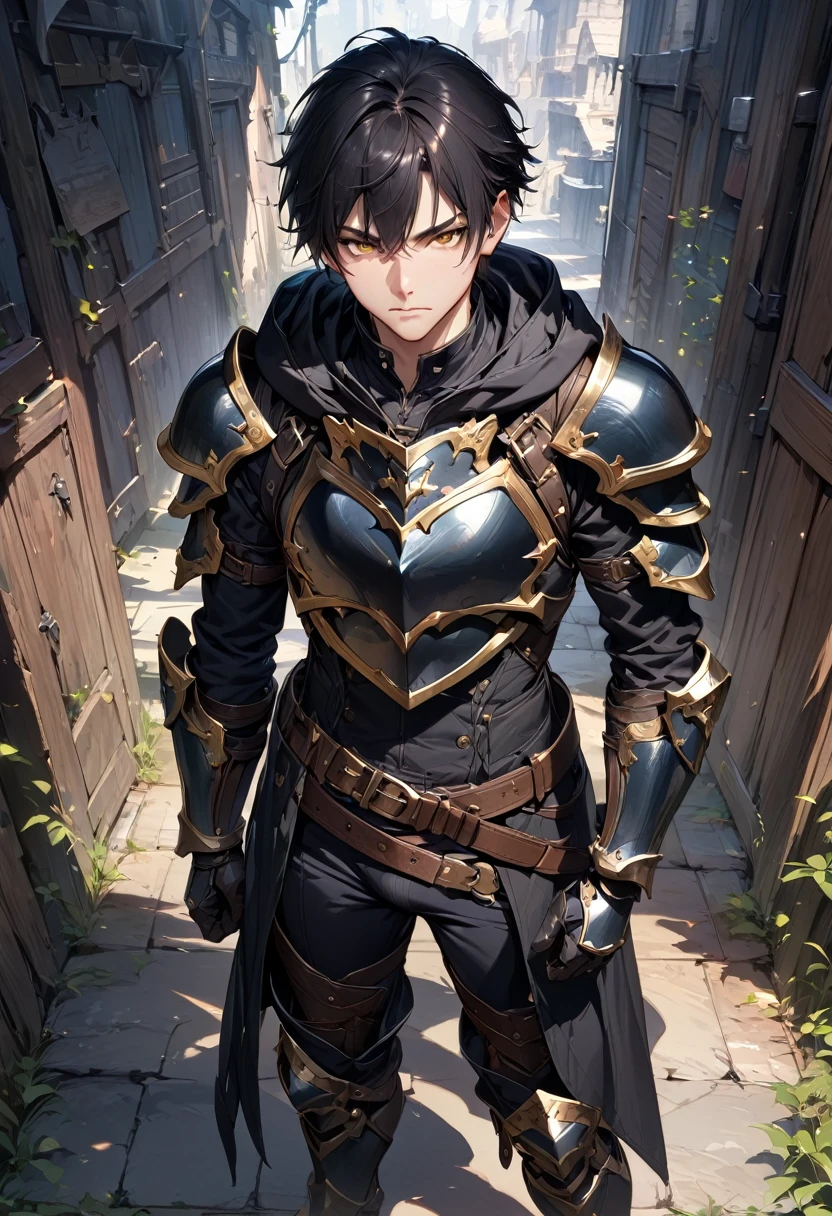 (masterpiece),(best quality),(ultra-detailed),(best illustration),(best shadow),(absurdres),(detailed background),(very aesthetic), 1boy, male-focus, black-hair, solo, armor, yellow-eyes, gauntlets, hood, holding, belt, black-pants, standing, boots, pants, short-hair, full-body, hoodie, armored-boots, breastplate, sheath, hood-down, black-hoodie, closed-mouth, gloves, looking-at-viewer, indoors, bangs, big bulge, large bulges in the crotch
