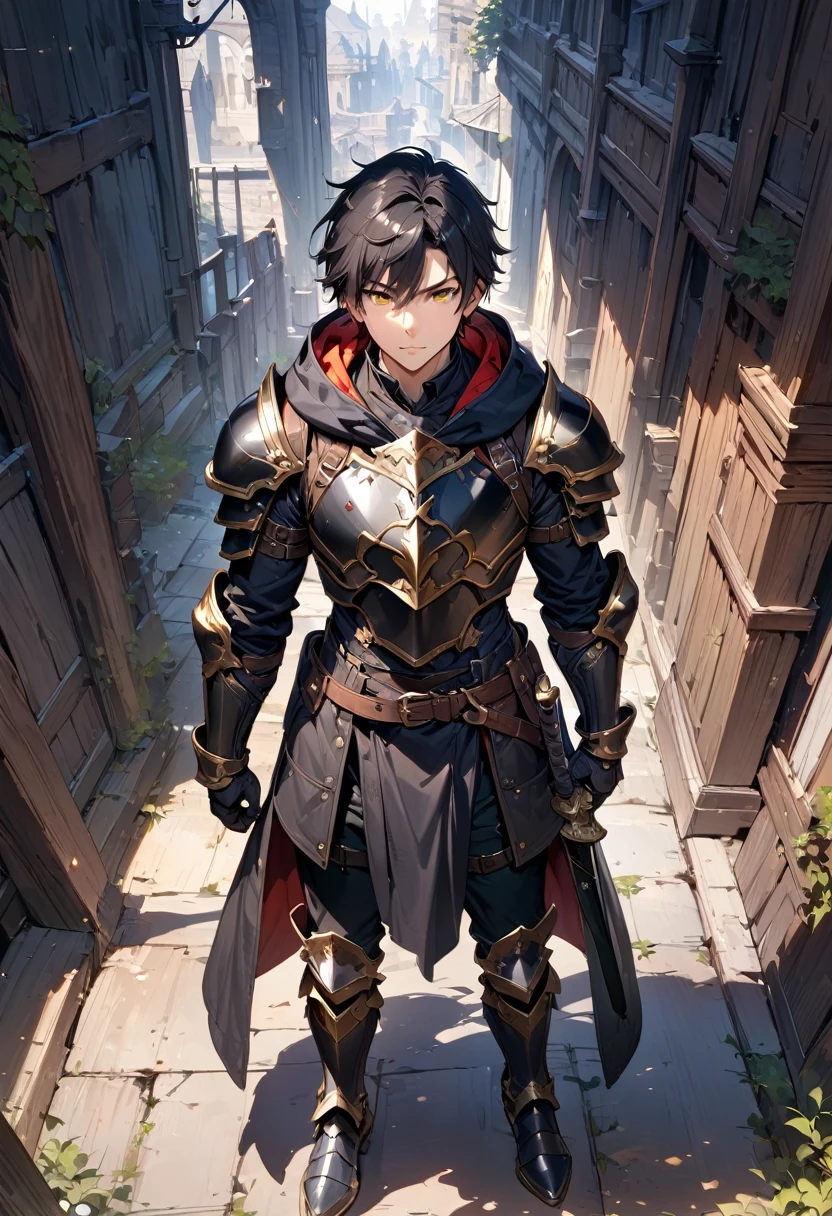 (masterpiece),(best quality),(ultra-detailed),(best illustration),(best shadow),(absurdres),(detailed background),(very aesthetic), 1boy, male-focus, black-hair, solo, armor, yellow-eyes, gauntlets, hood, holding, belt, black-pants, standing, boots, pants, short-hair, full-body, hoodie, armored-boots, breastplate, sheath, hood-down, black-hoodie, closed-mouth, gloves, looking-at-viewer, indoors, bangs, big bulge, large bulges in the crotch
