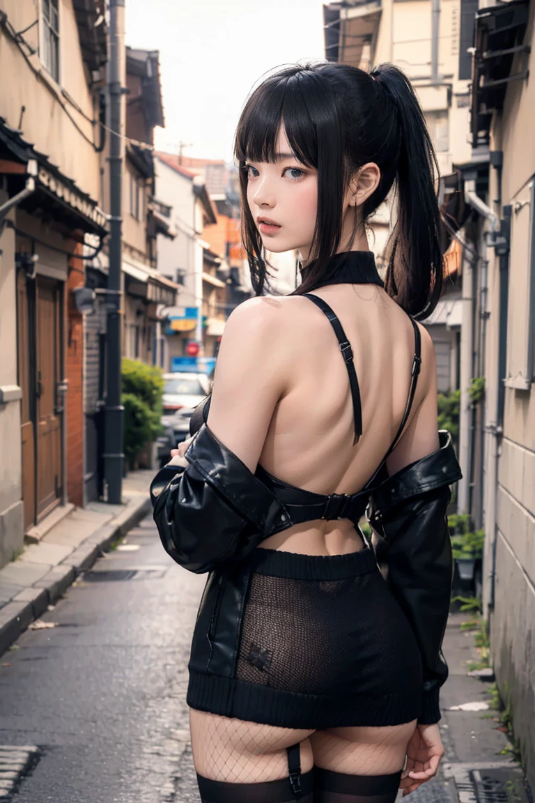 (((nsfw0.8))),Looking into the camera,(((Highest quality, 8k, masterpiece))), ponytail,Sharp focus, (Beautiful woman with perfect figure), thin, (Hairstyle: wonderful)), ((Back alley at night)), street: 1.2 Highly detailed face and skin texture Detailed eyes double eyelid random pose, (smile), Realistic Face, double eyelid,smile, Cyberpunk City , At sunset , Beautiful Teeth , Thigh straps, Wear a leather jacket、Off-the-shoulder sweater、Grey vertical rib sweater dress、Fishnet tights、garter belt、Night view、Full Body Shot, Centered,