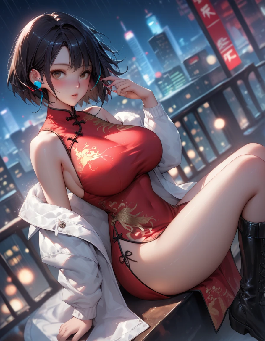 score_9, score_8_up, score_7_up, score_6_up, source_anime, MKY, 1girl, solo, breasts, looking at viewer, blush, short hair, black hair, long sleeves, dress, bare shoulders, sitting, huge breasts, revealing clothes, brown eyes, jacket, outdoors, parted lips, boots, open clothes, sleeveless, black footwear, off shoulder, blurry, open jacket, from side, looking to the side, sleeveless dress, night, white jacket, chinese clothes, red dress, building, china dress, side slit, city, cityscape, earphones, print dress, city lights, angle,
