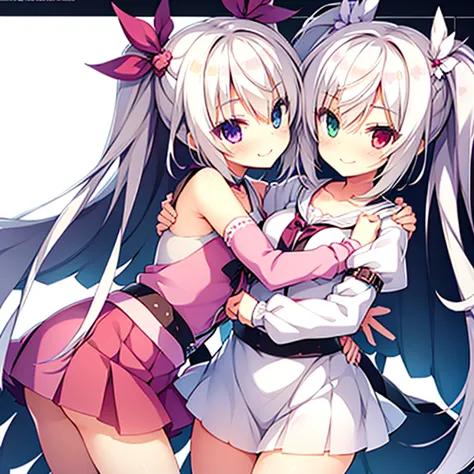 two girls,twin-tailed,chest to chest,hug,heterochromia,magical girl costume,evil smile,white background,top image quality,best q...