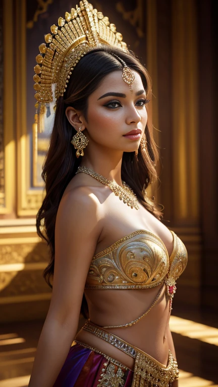 a beautiful exotic dancer, elegant dancer, long flowing dress, graceful movement, detailed facial features, high cheekbones, captivating eyes, glossy lips, intricate headdress, ornate jewelry, dramatic lighting, cinematic composition, vibrant colors, magical realism, (best quality,4k,8k,highres,masterpiece:1.2),ultra-detailed,(realistic,photorealistic,photo-realistic:1.37),cinematic lighting,dramatic shadows,vivid colors,professional digital art