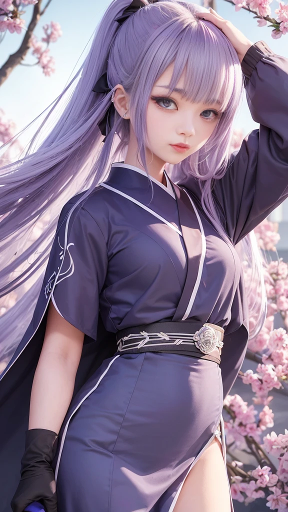 an anime-style female character named Ayame Tsukino. She is  with long, flowing silver hair that reaches her waist, accented by soft lavender highlights that shimmer in the light. Her eyes are a bright, piercing violet, giving her an ethereal and captivating presence. Ayame has a petite and graceful build, standing at about 5'4". Her attire is a traditional kimono with a modern twist, featuring a dark purple color with intricate silver patterns resembling cherry blossoms. She wears a sash with a crescent moon emblem at her waist and carries a small, ornate fan.

Ayame exudes calmness and composure, with a gentle demeanor that belies her strong will and unwavering determination. She has a soothing presence and is known for her wisdom beyond her years. Despite her delicate appearance, she is fiercely protective of her loved ones and deeply compassionate. Ayame is the heir to an ancient clan that has safeguarded sacred artifacts for generations. She is highly skilled in traditional arts and has a deep connection to the spiritual realm. Now, she embarks on a journey to understand and control a hidden power within herself, all while upholding her family’s legacy.