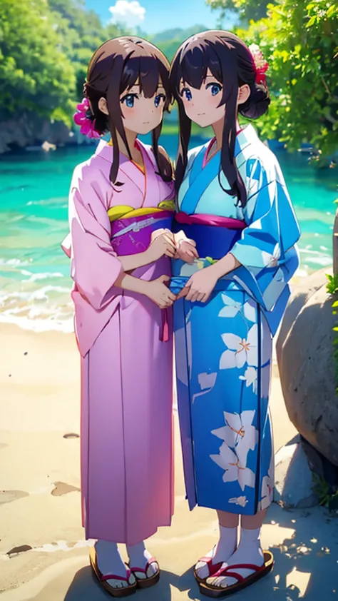 anime image of two girls in summer yukata standing in the sea、kyoto animation style、グワイズとxin haicheng、kyoto animation stills、kyo...