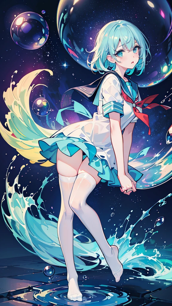 (masterpiece), (best quality), (official art, extremely detailed CG unity 8k wallpaper), (highly detailed), ((absurdres)), 1girl, mid shot, (exquisite facial features),(serafuku:1.3) ((sfw)),((clear hands)), ((white thighhighs without shoes)),aqua eyes, color contact lenses, stars in the eyes, (((colorful bubble))), colourful glass, (album cover)