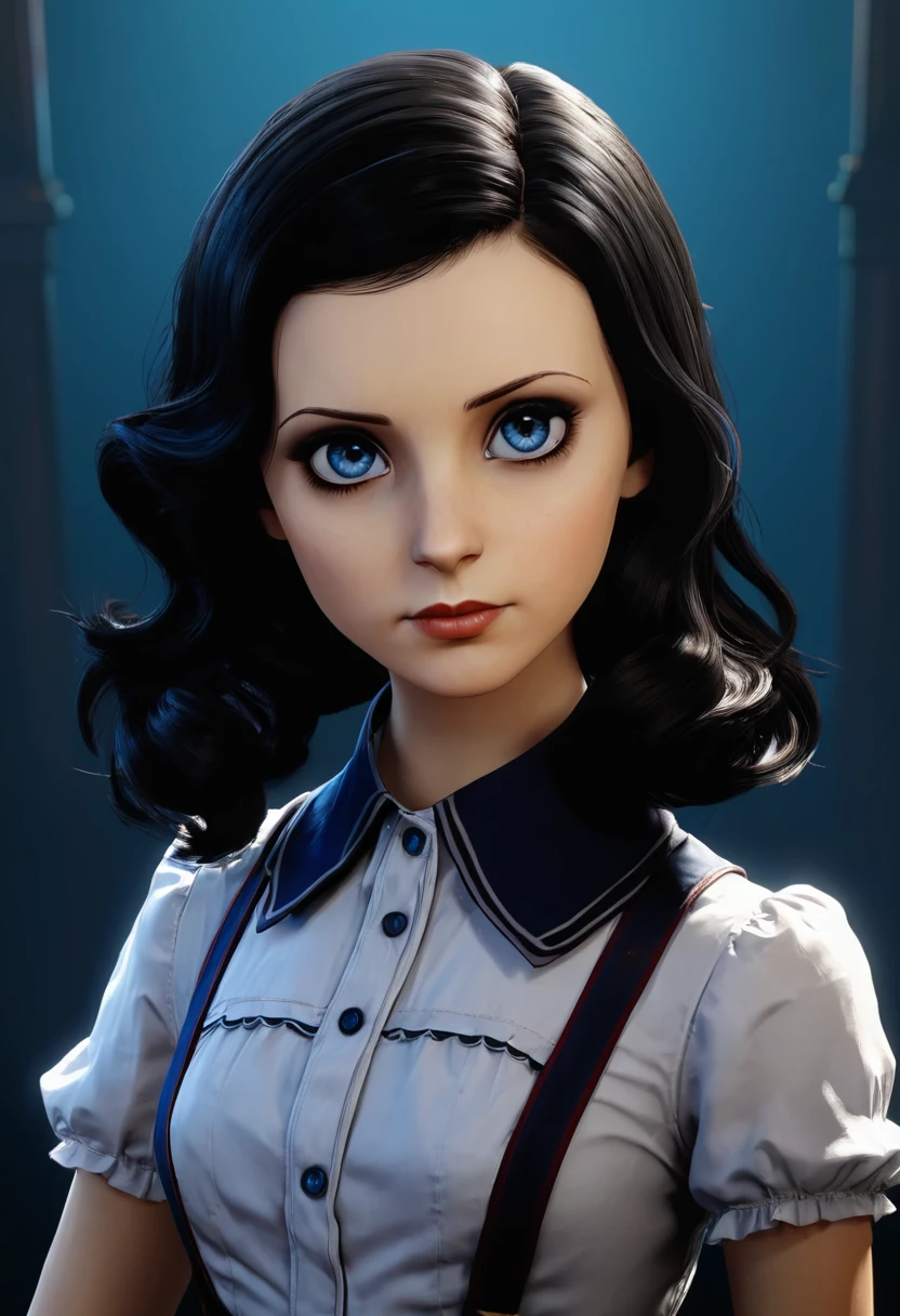 score_9, score_8_up, score_7_up, score_6_up
BioshockBurialElizabeth, 1girl, black hair, blue eyes, looking at viewer, simple background, portrait