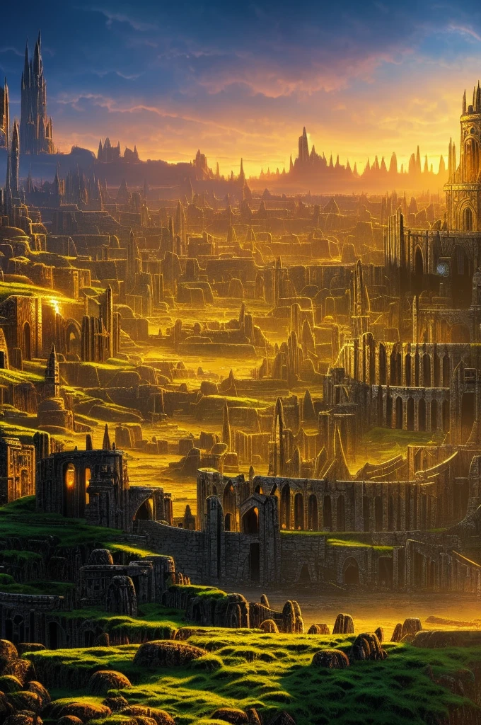 (4k), (high quality), elden ring style landscape, golden hot like colors, castles and ruins 