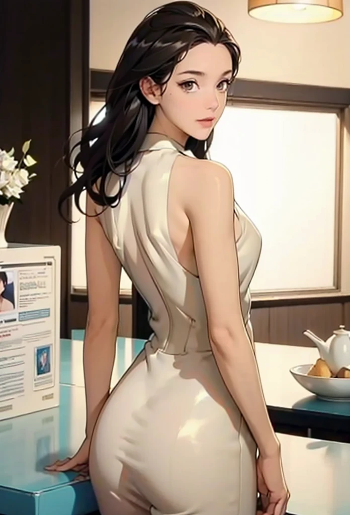 perfect eyes:1.2, detailed eyes:1.4, m0n1c4b-v2, xyzsam, straight hair, very long hair, no blunt, forehead, black hair, brown eyes, from behind, ass, looking back, restaurant, dr3ss, white dress, bare shoulders, latex, breasts, medium full shot, thigh-level shot, 1girl, solo, (masterpiece:1.6, best quality),