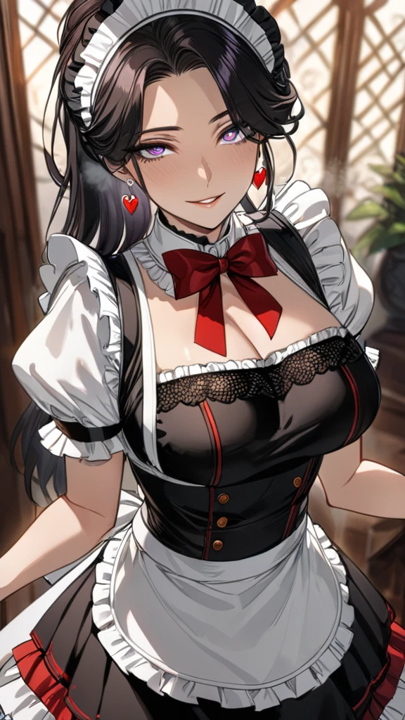 A detailed, beautiful girl with purple eyes and heart-shaped pupils, long black hair covering one eye, a small smile and steam coming from her parted lips, wearing a highly detailed and elaborate maid outfit with a black and white dress, lace trim, frills, a fitted bodice, puffed sleeves, and a layered skirt, thigh-high stockings, a red choker, and black gem earrings, standing in a modern, softly lit interior with a blurred background, in an anime style, masterpiece, best quality, 4k, 8K Octane, 