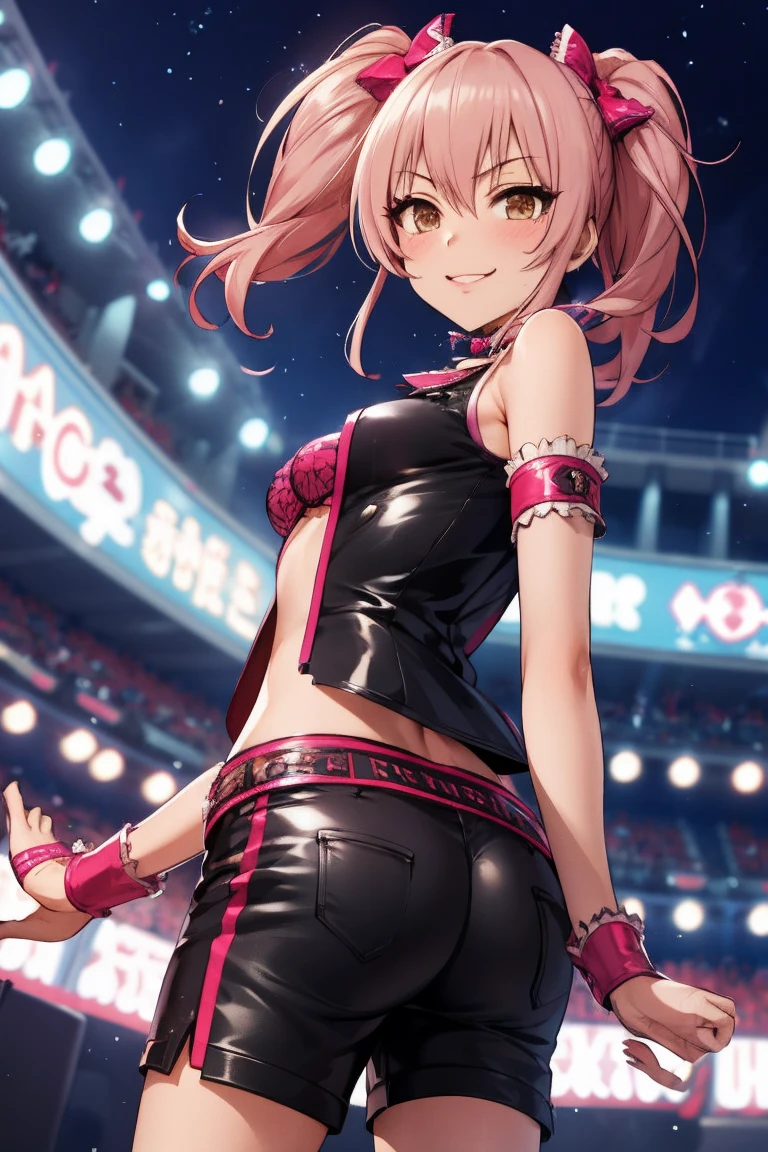 1girl,solo,cowboy shot, aamika, twintails, hair bow, idol clothes, choker, vest, wrist cuffs,, thigh,,smile, shorts,medium breasts,ass,from back