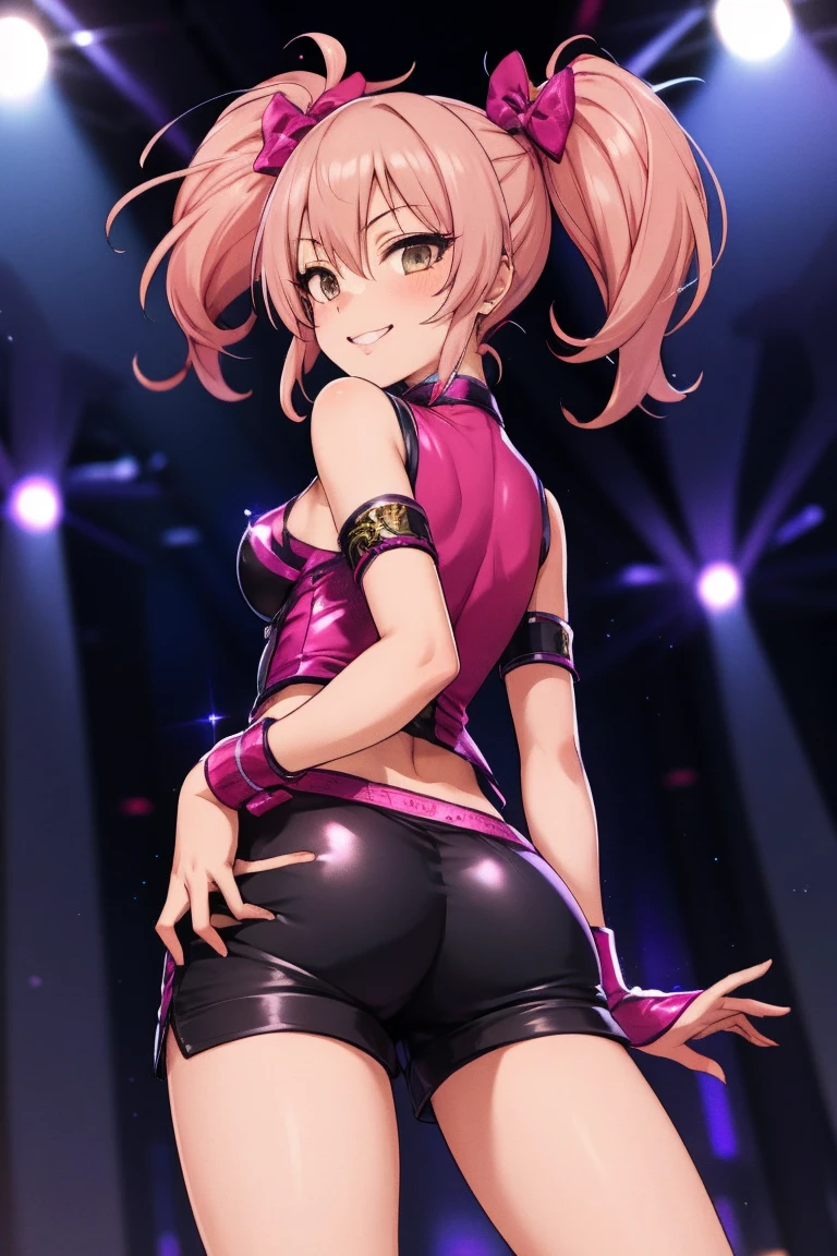 1girl,solo,cowboy shot, aamika, twintails, hair bow, idol clothes, choker, vest, wrist cuffs,, thigh,,smile, shorts,medium breasts,ass,from back