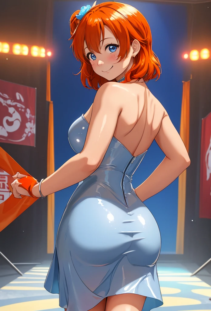 masterpiece, best quality, cowboy shot, from behind, looking back,wallpaper, kousaka honoka,orange hair , blue eyes, ((short silver bodycon dress)), strapless,latex, cute smile , hair ornaments, (curvy body), standing for interview,red carpet