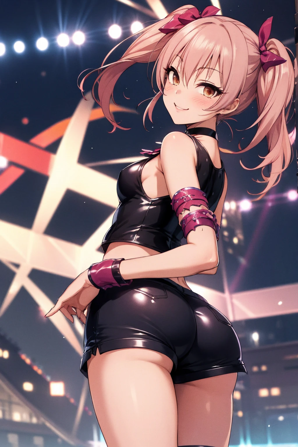 1girl,solo,cowboy shot, aamika, twintails, hair bow, idol clothes, choker, vest, wrist cuffs,, thigh,,smile, shorts,medium breasts,ass,from behind