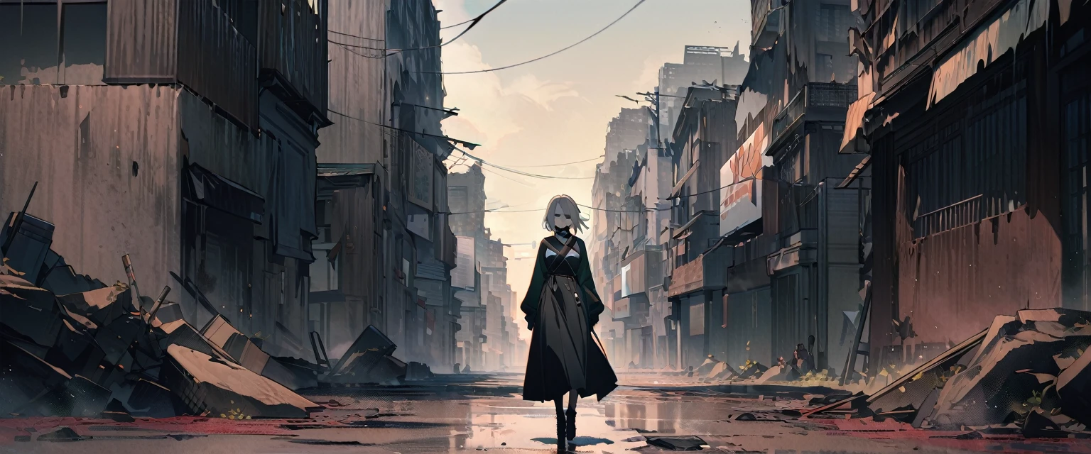 (((masterpiece,Highest quality))),((Anime woman in a state of insanity and despair)),((A desolate city)),(high quality),アニメ,b3ks1n