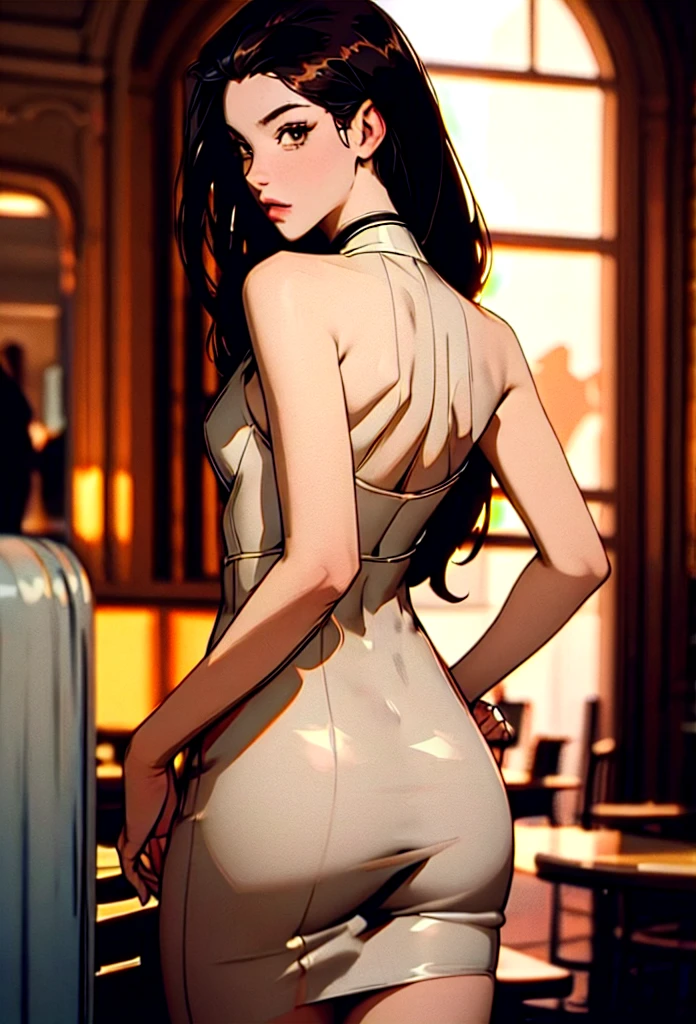 perfect eyes:1.2, detailed eyes:1.4, m0n1c4b-v2, xyzsam, straight hair, very long hair, no blunt, forehead, black hair, brown eyes, from behind, ass, looking back, restaurant, dr3ss, white dress, bare shoulders, latex, breasts, medium full shot, thigh-level shot, 1girl, solo, (masterpiece:1.6, best quality),