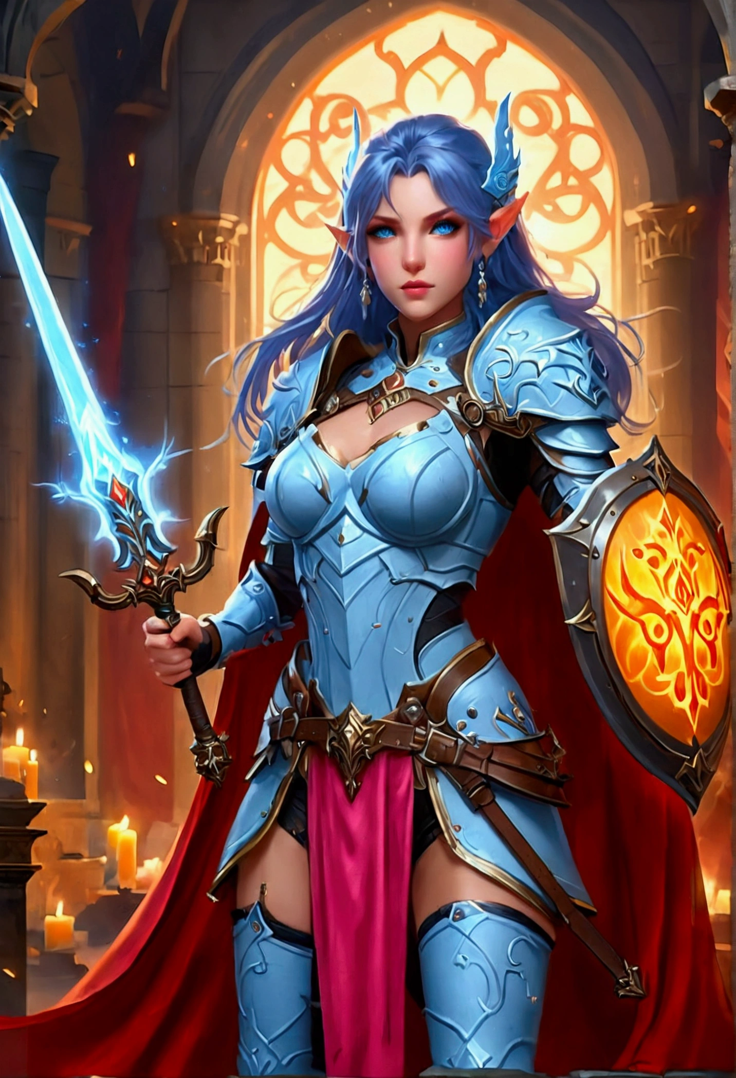 fantasy art, dnd art, RPG art, wide shot, (masterpiece: 1.4) a (portrait: 1.3) intense details, highly detailed, photorealistic, best quality, highres, portrait a female (fantasy art, Masterpiece, best quality: 1.3) ((blue skin: 1.5)), intense details facial details, exquisite beauty, (fantasy art, Masterpiece, best quality) cleric, (blue skinned: 1.3) female, (pink hair: 1.3), long hair, (no ears: 1.5), (green eyes: 1.3), armed with a fiery sword red fire, wearing heavy (white armor: 1.3), wearing high heeled laced boots, wearing an (orange cloak:1.3), wearing glowing holy symbol GlowingRunes_yellow, within fantasy temple background, reflection light, high details, best quality, 16k, [ultra detailed], masterpiece, best quality, (extremely detailed), close up, ultra wide shot, photorealistic, RAW, fantasy art, dnd art, fantasy art, realistic art,((best quality)), ((masterpiece)), (detailed), perfect face, rpg portrait
photograph