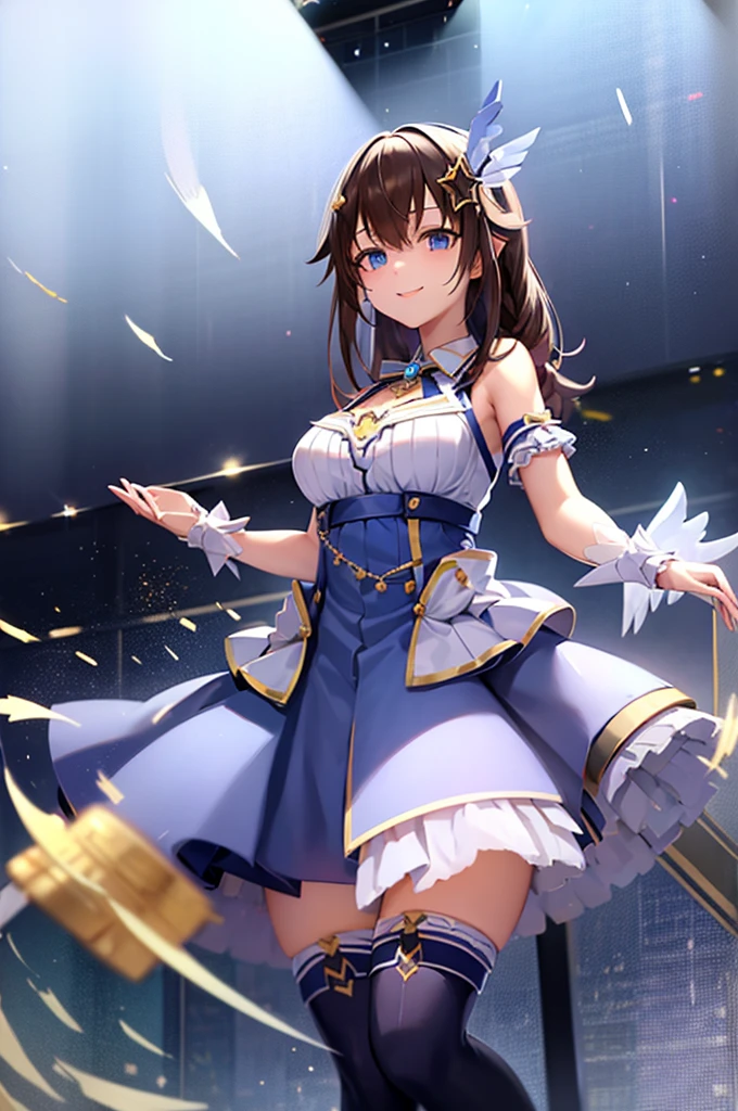 mecha wings、White and blue skirt、Thighs、tights、chest、Black Hair、1 girl、solo girl、IS、Frame Arms Girl、Alice Gere Aegis、Blue Armor、income、headphone、hand on own chest、smile、idol woman、idol dress