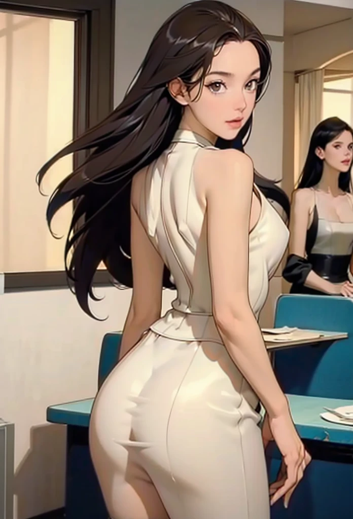 perfect eyes:1.2, detailed eyes:1.4, m0n1c4b-v2, xyzsam, straight hair, very long hair, no blunt, forehead, black hair, brown eyes, from behind, ass, looking back, restaurant, dr3ss, white dress, bare shoulders, latex, breasts, medium full shot, thigh-level shot, 1girl, solo, (masterpiece:1.6, best quality),