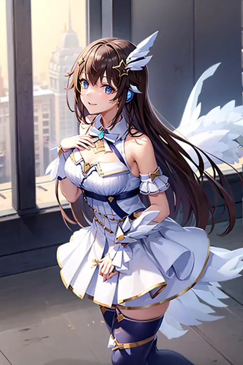 mecha wings、white and blue skirt、thighs、tights、chest、black hair、1 girl、solo girl、is、frame arms girl、alice gere aegis、blue armor、...