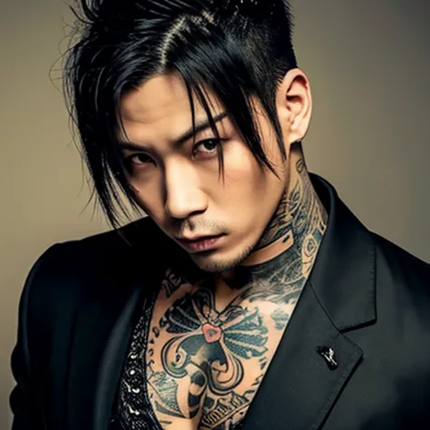 1 man, japanese man, male, asian eyes, muscular, broad shoulders, yakuza tattoos, hairstyle visual kei style, hair visual kei, b...