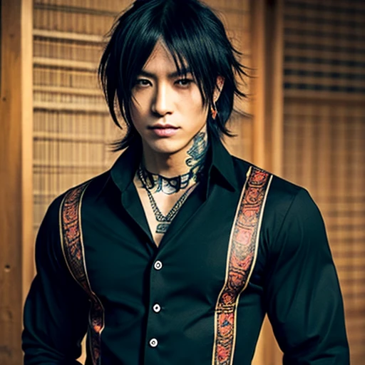 1 man, Japanese man, male, Asian eyes, muscular, broad shoulders, yakuza tattoos, hairstyle Visual Kei style, hair Visual Kei, black men's shirt and black pants, ultra detailed face, hyperrealistic, realistic representation, long hair, long hair, 30 years old, age 30 years, blonde hair