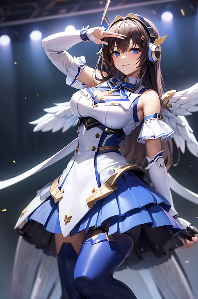 mecha wings、White and blue skirt、Thighs、tights、chest、Black Hair、1 girl、solo girl、IS、Frame Arms Girl、Alice Gere Aegis、Blue Armor、income、headphone、hand on own chest、smile、idol woman、idol dress