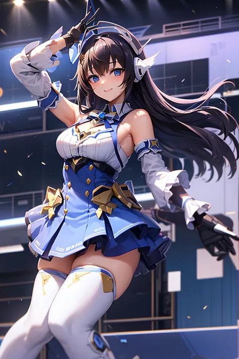 mecha wings、white and blue skirt、thighs、tights、chest、black hair、1 girl、solo girl、is、frame arms girl、alice gere aegis、blue armor、...