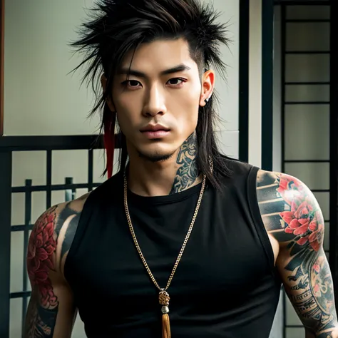 1 man, japanese man, male, asian eyes, muscular, broad shoulders, yakuza tattoos, hairstyle visual kei style, hair visual kei, b...