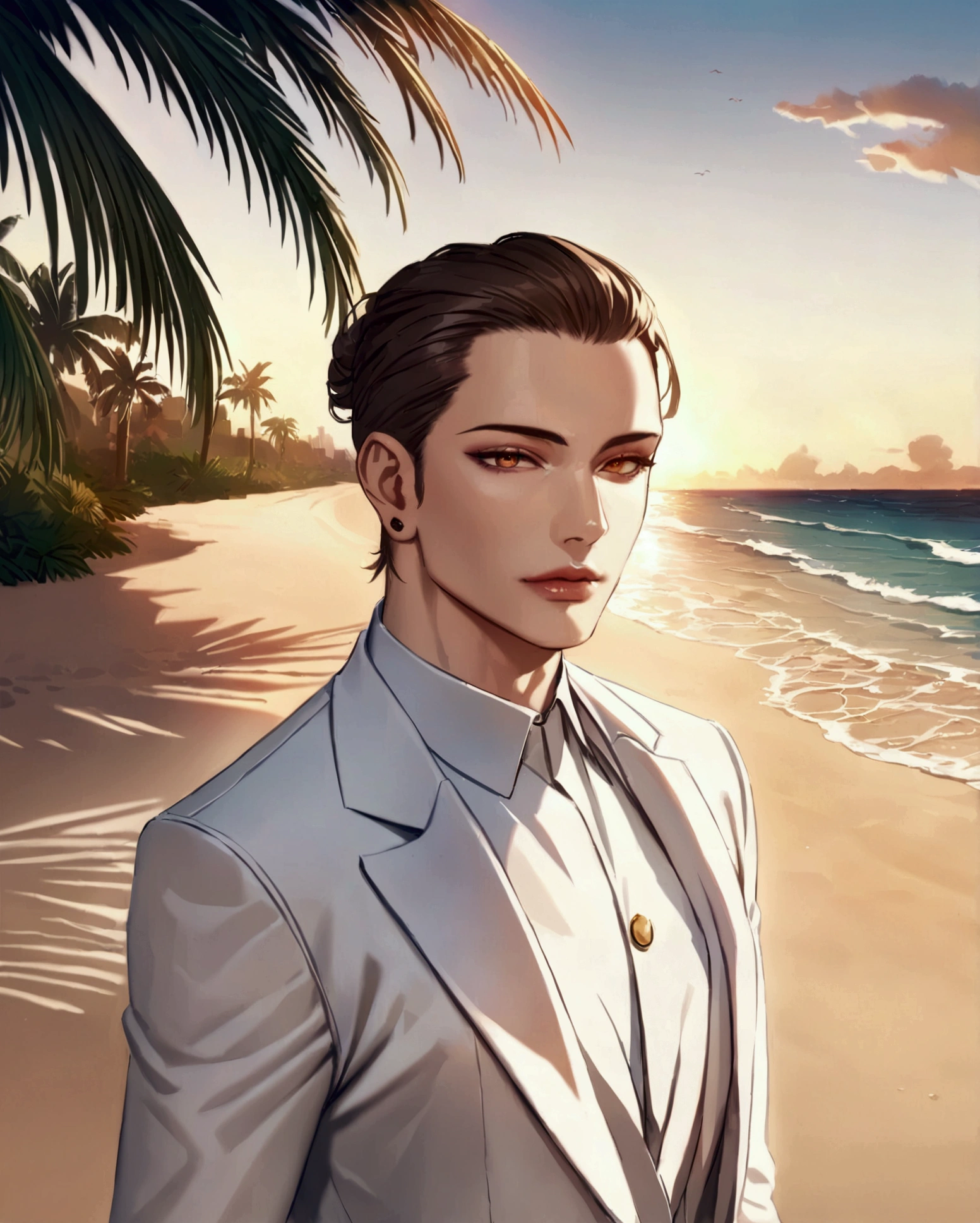 a handsome man with long brown hair in a white suit, beautiful detailed eyes, beautiful detailed lips, extremely detailed face and body, standing on a tropical beach, sunset, ocean waves, palm trees, sand, warm light, cinematic, epic, highly detailed, photorealistic, 8k, HDR