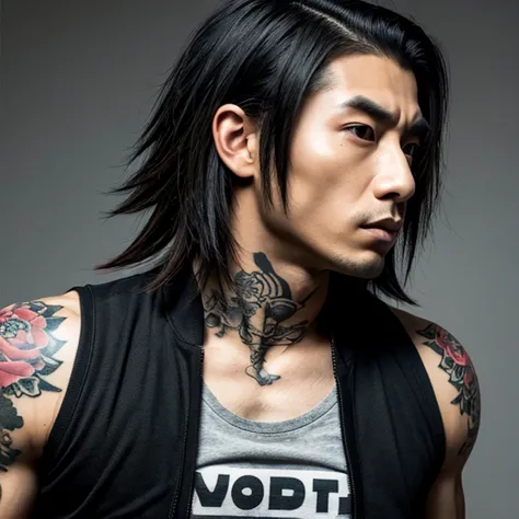 1 man, japanese man, male, asian eyes, muscular, broad shoulders, yakuza tattoos, hairstyle visual kei style, hair visual kei, b...