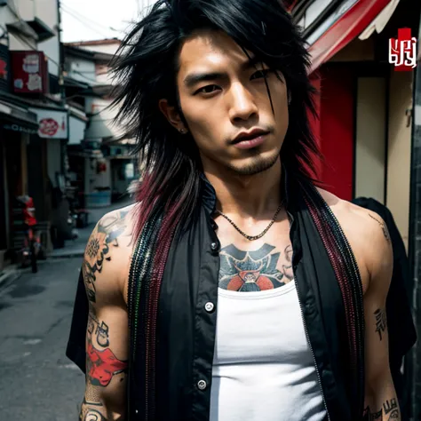 1 man, japanese man, male, asian eyes, muscular, broad shoulders, yakuza tattoos, hairstyle visual kei style, hair visual kei, b...