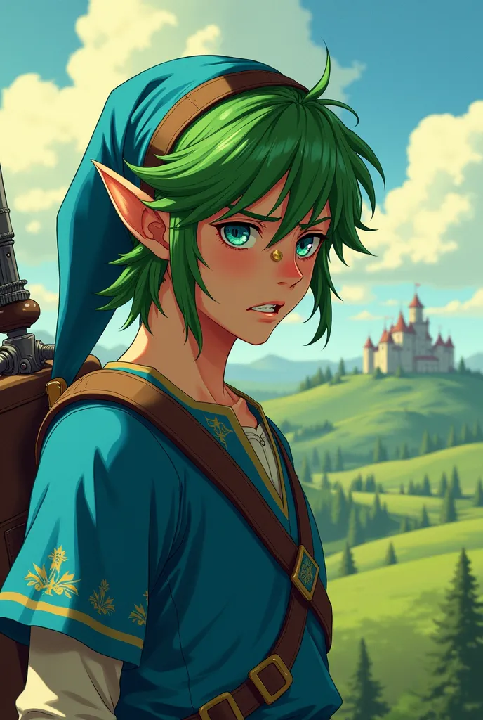 A green haired male elf in blue zelda clothes with a gunshot to the forehead medieval anime version 