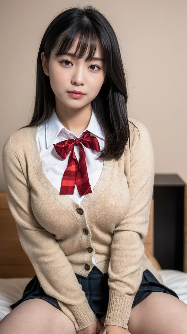 (((8k、High resolution、Highest quality、High resolution)))alone、Natural body shape、White skin、Natural Makeup、Black Hair、bangs、Straight Long Hair、、((High School Uniform)) 、((Beige cardigan、white collared long sleeve blouse))、((Red checkered pleated skirt))、(red school ribbon)、、(Big Breasts:1.3)、((The upper body is wearing a uniform))、(((((Looking into the camera)))))、(((Head to shin portrait)))、(((Exposing your thighs)))、Bedroom、On the bed、Sit with your legs apart、((Focus on the crotch))、White socks