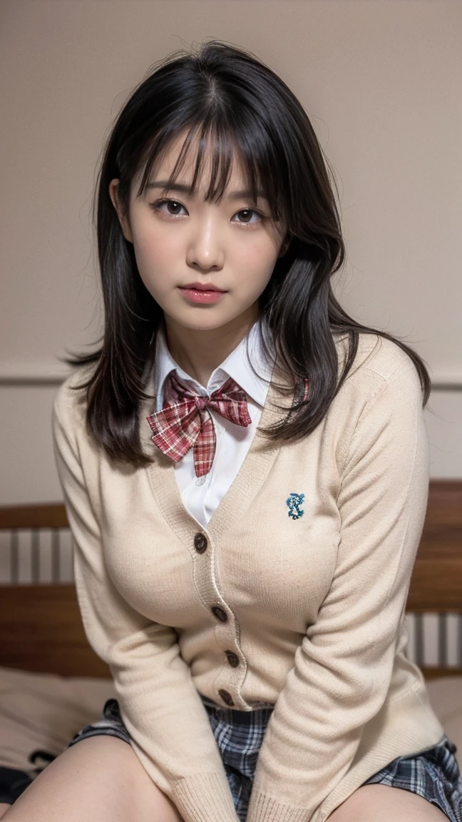 (((8k、High resolution、Highest quality、High resolution)))alone、Natural body shape、White skin、Natural Makeup、Black Hair、bangs、Straight Long Hair、、((High School Uniform)) 、((Beige cardigan、white collared long sleeve blouse))、((Red checkered pleated skirt))、(red school ribbon)、、(Big Breasts:1.3)、((The upper body is wearing a uniform))、(((((Looking into the camera)))))、(((Head to shin portrait)))、(((Exposing your thighs)))、Bedroom、On the bed、Sit with your legs apart、((Focus on the crotch))、White socks