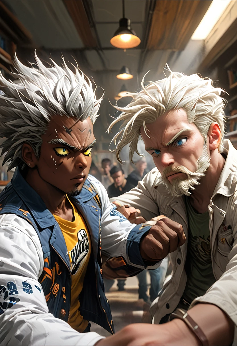  (2boys), (black man, black hair,  african-american, beard, capoeira, glowing  brown eyes,wind powers), (white man (white hair, brawler, gray eyes,Irish, earth powers),   young men, college students, gang leaders,  impact frame, motion details, clashing, fighting each other,  face to face, 1-on-1, power surging, splash-art graffiti art, falcoon, sam yang, Murata_yuusuke,  (air gear style art action scene, Score_8_up,  accurate character art,  full rendered,  ink medium,  ultra-detailed manga, semirealism), (best quality, Hdr,uhd,  ultra absurdres, very aesthetic, sharp gradients, deep highlights, deep exposure,  ultra-detail college classroom background, detailed smooth textures, perfect hands, perfect character, perfect eyes, perfect anatomy, perfect  physiques, amazing skin, beautiful detailed eyes, beautifully intricate face details, detailed character features, dynamic perspective, dynamic lighting, dynamic shading, atmospheric shadowing, mystical atmosphere,