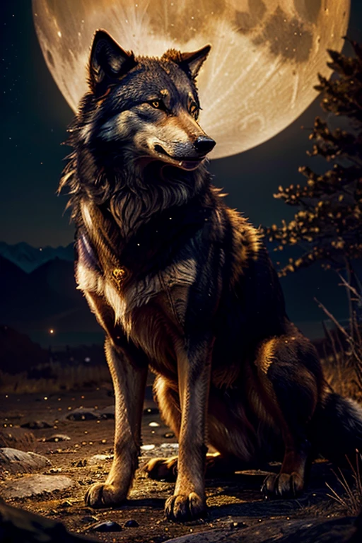 A wolf howling at the moon on a starry night