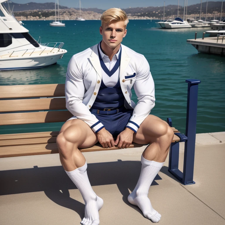 full body view, a blond young musuclar man wearing a sailor suit made out of tight navy blue and white rubber and a steel collar, in white socks , fashion haircut with spikes, sitting in his socks on a bench on the pontoon of the marina of Antibes, showing off his white socked feet, realistic photo