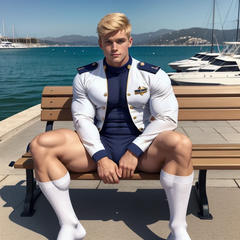 full body view, a blond young musuclar man wearing a sailor suit made out of tight navy blue and white rubber and a steel collar, in white socks , fashion haircut with spikes, sitting in his socks on a bench on the pontoon of the marina of Antibes, showing off his white socked feet, realistic photo