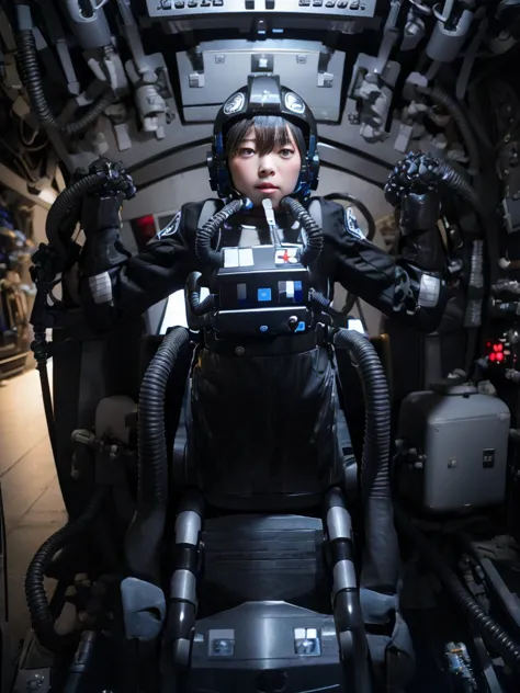 japanese female android,black hair,space station cockpit,secured to the seat with a thick harness,wearing a headset,plump,slight...