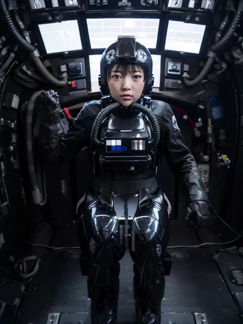 japanese female android,black hair,the spaceship's cockpit,secured to the seat with a thick harness,wearing a headset,plump,slig...