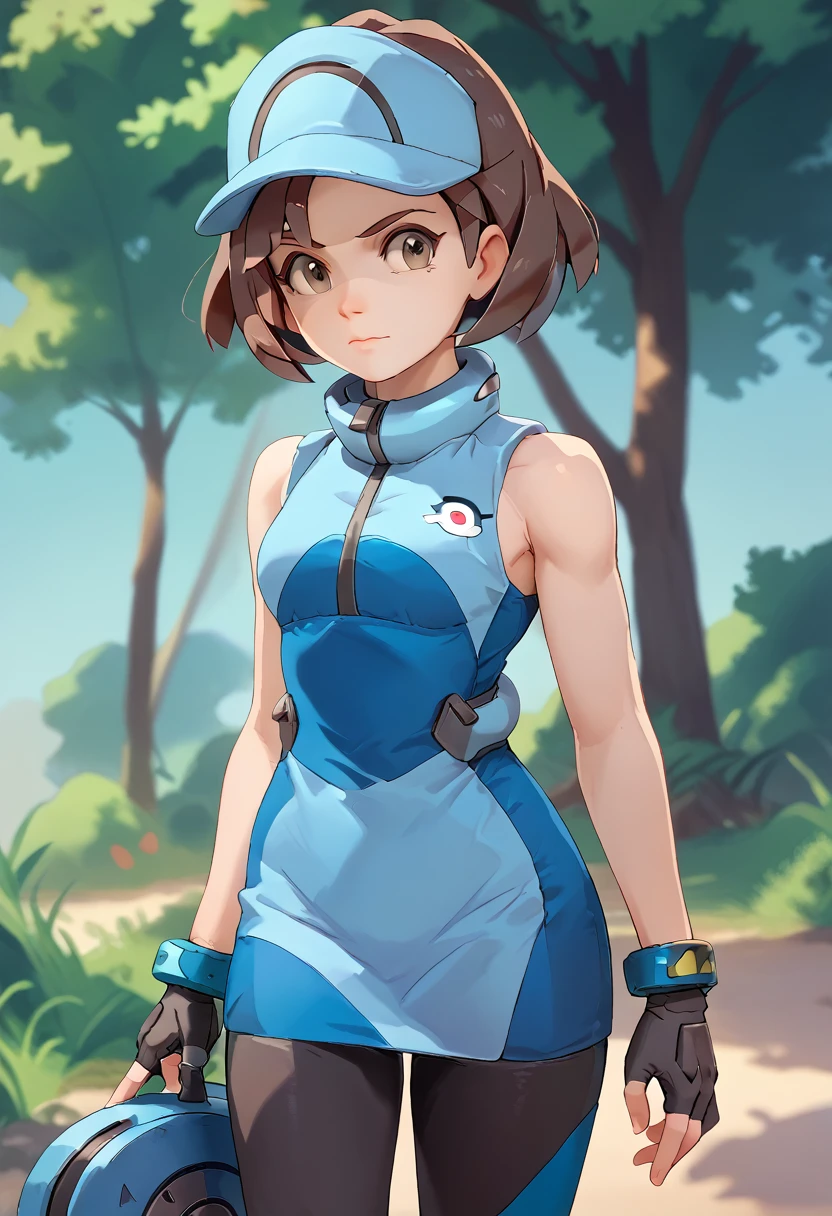 overwatch, 3d, cgi, Ace_trainer (pokemon), acetrainer, short brown hair, bike short,blue two tone sleeveless short dress, fingerless gloves, headwear