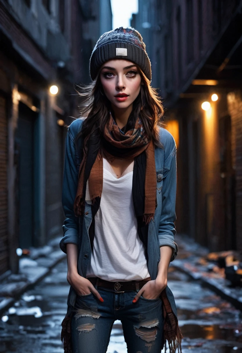 (good quality), (many details), (masterpiece), young woman, worn, torn clothes, wild brown hair, torn jeans, old shirt (broken), at night, in an alley, modern city, old scarf, beanie, vampire, in the dark of the night, emaciated, three eyes