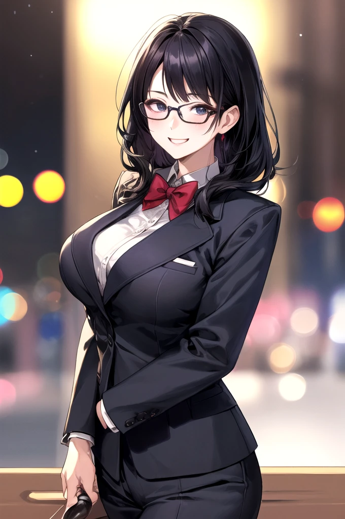 One woman, 2、Men around、Glasses、Black Hair、Big Breasts、Medium Hair、Navy blue business suit、Face Focus, Best, bow, Highest quality, Detailed face, office, Detailed Background, night、Ginza City、Neon Sparkle、Depth of Field, Bokeh、smile、I like sex、Reception、crowd、Being drunk、