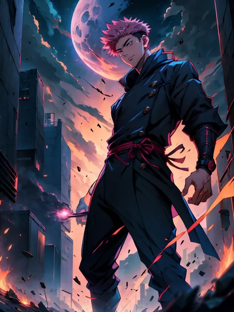 1boy, full body shot, 173 cm, itadori yuuji, black outfit, pink hair, battle pose,  red and dark moon city night background, wal...