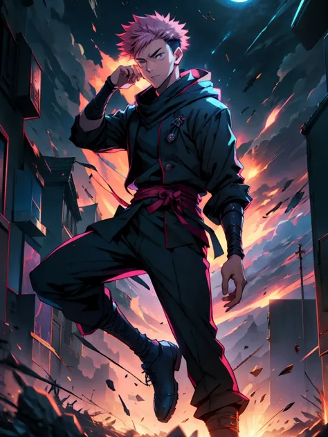 1boy, full body shot, 173 cm, itadori yuuji, black outfit, pink hair, battle pose,  red and dark moon city night background, wal...