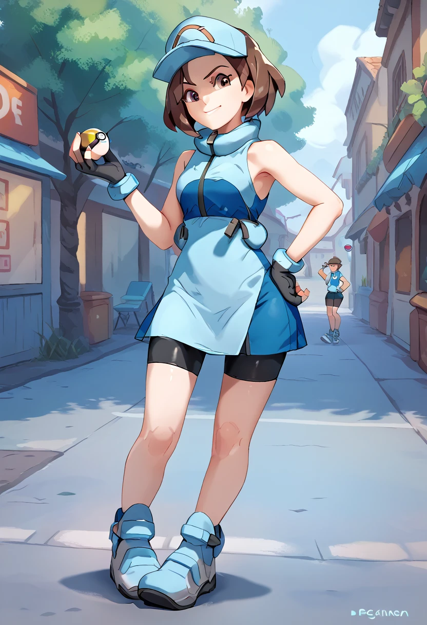 overwatch, 3d, cgi, Ace_trainer (pokemon), acetrainer, short brown hair, bike short,blue two tone sleeveless short dress, fingerless gloves, headwear, smile, holding pokeball, standing, hand on hip