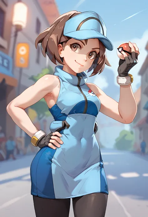 overwatch, 3d, cgi, ace_trainer (pokemon), acetrainer, short brown hair, bike short,blue two tone sleeveless short dress, finger...